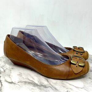 Jessica Simpson Brown Leather Ballet Toe Buckle Detail Demi Wedge Flats 8.5 Chic